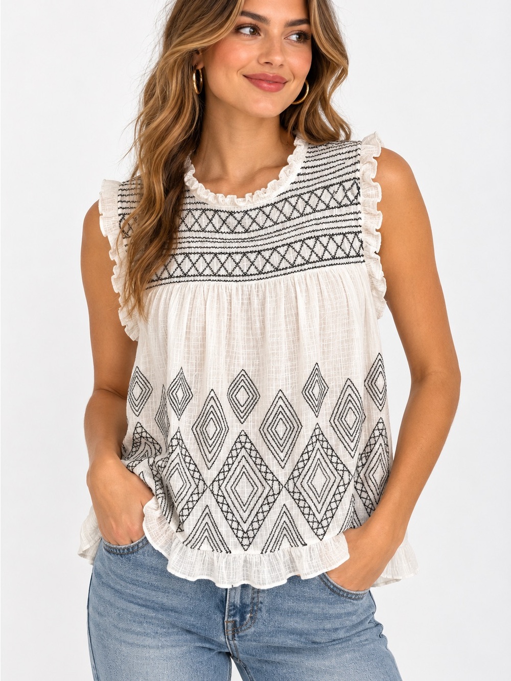 Ivy Jane Embriodered Ruffle Sleeveless Top - White with Black Pattern $148